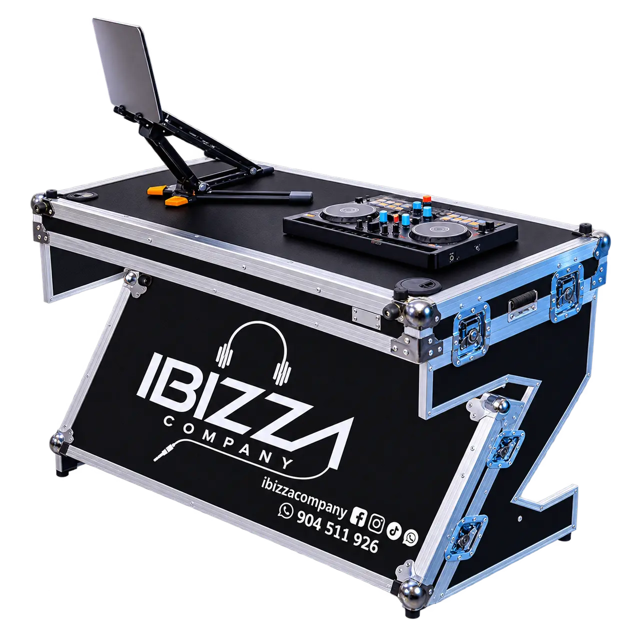 Cabina DJ portátil fabricada por Ibizza Company, ideal para eventos y sets en vivo